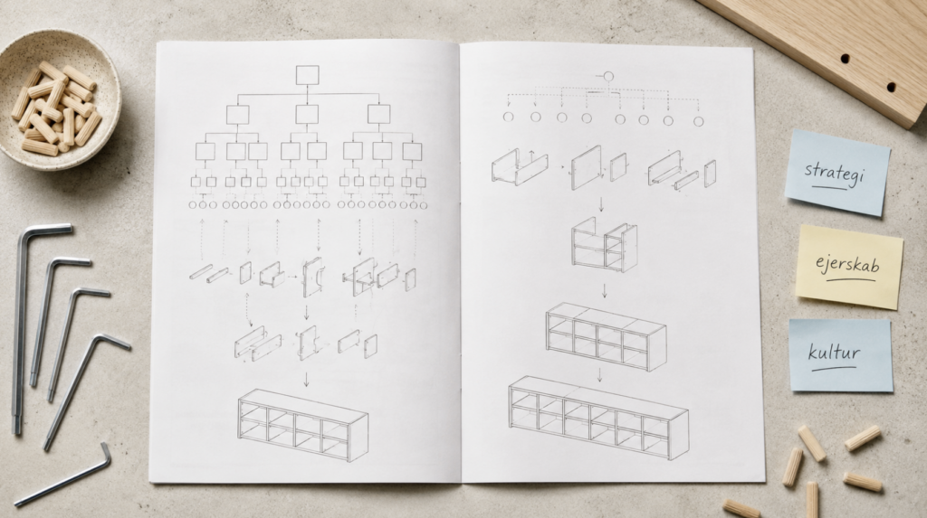 IKEA-monteringsvejledning med organisationsdiagram, Allen-nøgler og sticky notes med ordene strategi, ejerskab og kultur